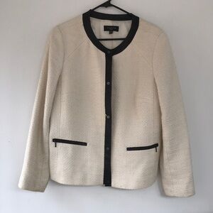 Talbots Petites Cream Textured Blazer with Faux Leather trim 16P FLAW
